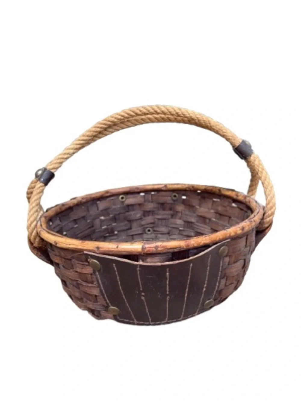 Vintage Wicker Utility Basket Leather Tool Pouch Handles Mid-Century Sewing